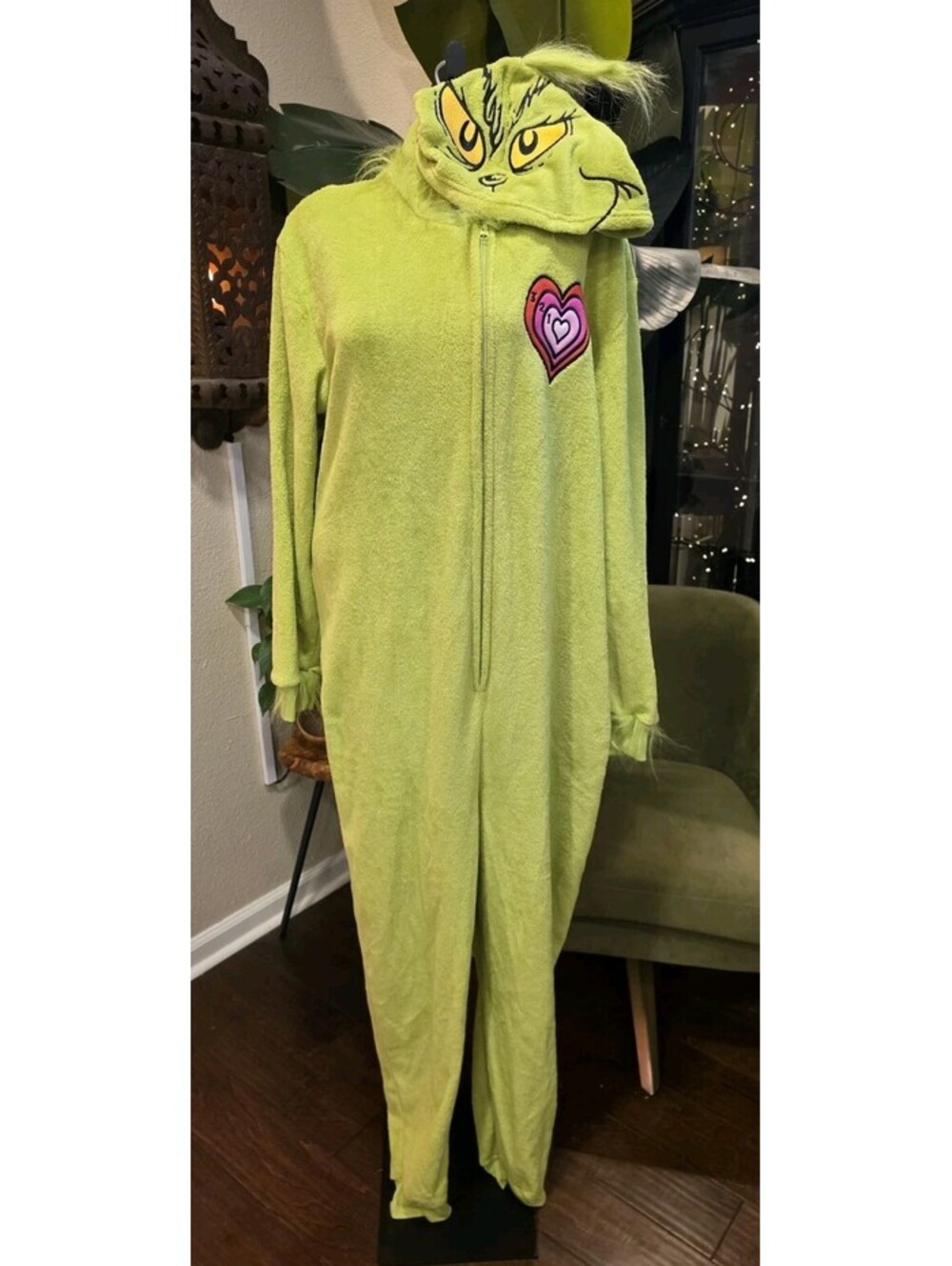 Dr Seuss The Grinch Hooded One Piece Pajamas Union Suit Adult Small EUC